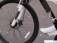 Small size and brunette Emily Mena rides a bike and also rides a dick
