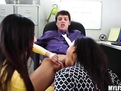 Two Office MILFs Dominate Assistants Cock in Threesome